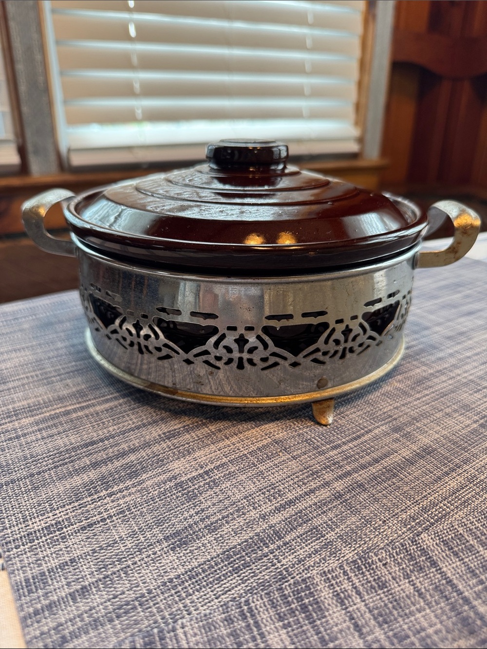 Brown Ceramic Casserole Dish with Metal Warming Stand